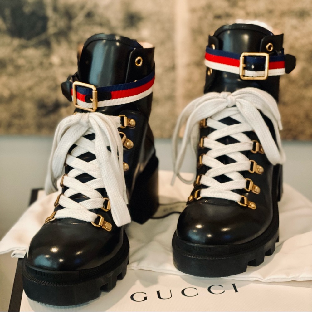 GUCCI Leather Combat ankle boot Sylvie Web NIB